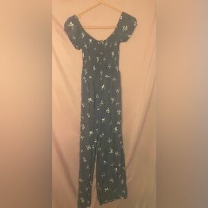 J for justify jumpsuit blue with white butterfly sz M gathered top flowy legs